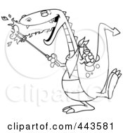 Royalty Free RF Clip Art Illustration Of A Cartoon Black And White Outline Design Of A Dragon Roasting Sausage