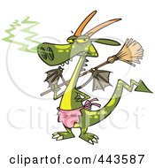Poster, Art Print Of Cartoon Dragon Wearing An Apron And Holding A Broom