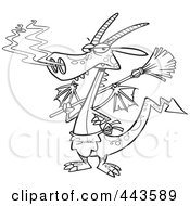 Poster, Art Print Of Cartoon Black And White Outline Design Of A Dragon Wearing An Apron And Holding A Broom