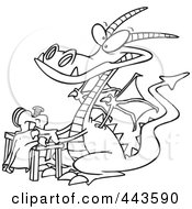 Royalty Free RF Clip Art Illustration Of A Cartoon Black And White Outline Design Of A Sewing Dragon by toonaday