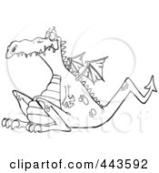 Poster, Art Print Of Cartoon Black And White Outline Design Of A Sitting Dragon