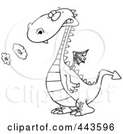 Royalty Free RF Clip Art Illustration Of A Cartoon Black And White Outline Design Of A Smoking Dragon