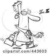 Poster, Art Print Of Cartoon Black And White Outline Design Of A Tired Businessman Dozing While Walking