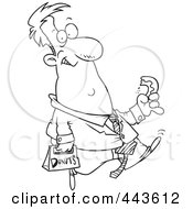 Royalty Free RF Clip Art Illustration Of A Cartoon Black And White Outline Design Of A Businessman Walking And Eating A Donut