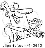 Royalty Free RF Clip Art Illustration Of A Cartoon Black And White Outline Design Of A Businessman Eating A Donut