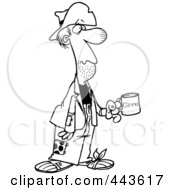 Royalty Free RF Clip Art Illustration Of A Cartoon Black And White Outline Design Of A Homeless Man Holding A Charity Cup
