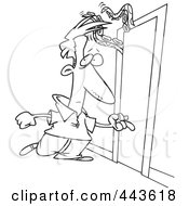 Royalty Free RF Clip Art Illustration Of A Cartoon Black And White Outline Design Of A Man Approaching A Door With A Tentacled Monster