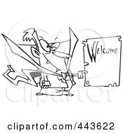 Royalty Free RF Clip Art Illustration Of A Cartoon Black And White Outline Design Of A Vampire Holding A Welcome Sign