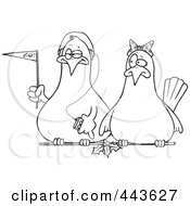 Royalty Free RF Clip Art Illustration Of A Cartoon Black And White Outline Design Of Dove Fans by toonaday