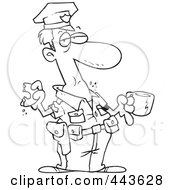 Royalty Free RF Clip Art Illustration Of A Cartoon Black And White Outline Design Of A Police Man Eating A Donut