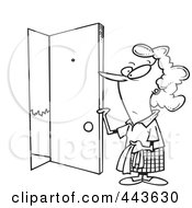 Poster, Art Print Of Cartoon Black And White Outline Design Of A Woman Opening A Door