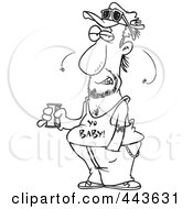 Royalty Free RF Clip Art Illustration Of A Cartoon Black And White Outline Design Of A Stinky Man Holding A Beer