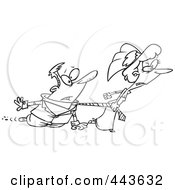 Poster, Art Print Of Cartoon Black And White Outline Design Of A Bride Dragging Her Groom