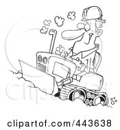 Poster, Art Print Of Cartoon Black And White Outline Design Of A Man Operating A Bulldozer