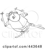 Poster, Art Print Of Cartoon Black And White Outline Design Of A Fat Man Skiing