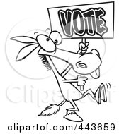 Royalty Free RF Clip Art Illustration Of A Cartoon Black And White Outline Design Of A Donkey Carrying A Vote Sign by toonaday