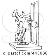 Poster, Art Print Of Cartoon Black And White Outline Design Of A Boy Knocking On A Door