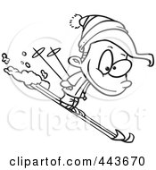 Poster, Art Print Of Cartoon Black And White Outline Design Of A Boy Skiing