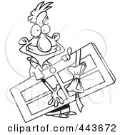 Royalty Free RF Clip Art Illustration Of A Cartoon Black And White Outline Design Of A Man Carrying A Door Prize
