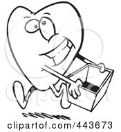 Royalty Free RF Clip Art Illustration Of A Cartoon Black And White Outline Design Of A Heart Carrying A Donations Box