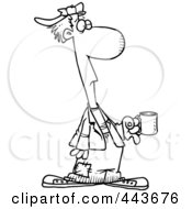 Royalty Free RF Clip Art Illustration Of A Cartoon Black And White Outline Design Of A Down And Out Man Holding A Cup