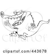 Royalty Free RF Clip Art Illustration Of A Cartoon Black And White Outline Design Of An Alligator Eating A Donut