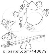 Royalty Free RF Clip Art Illustration Of A Cartoon Black And White Outline Design Of An Elephant Jumping On A See Saw To Make A Stunt Man Fly