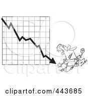 Poster, Art Print Of Cartoon Black And White Outline Design Of A Businessman Running From A Down Arrow