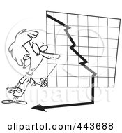Poster, Art Print Of Cartoon Black And White Outline Design Of A Businesswoman Watching A Down Turn Arrow