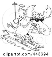 Poster, Art Print Of Cartoon Black And White Outline Design Of A Moose Skiing Downhill
