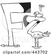 Poster, Art Print Of Cartoon Black And White Outline Design Of A Flamingo Looking At A Letter F