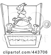 Cartoon Black And White Outline Design Of A Man Sitting On A Dunk Tank