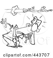 Poster, Art Print Of Cartoon Black And White Outline Design Of A Duck Flying Over A Ducking Businessman