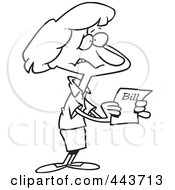 Royalty Free RF Clip Art Illustration Of A Cartoon Black And White Outline Design Of A Woman Holding A Past Due Bill by toonaday