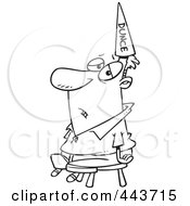 Poster, Art Print Of Cartoon Black And White Outline Design Of A Man Wearing A Dunce Hat