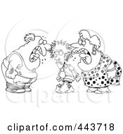 Royalty Free RF Clip Art Illustration Of A Cartoon Black And White Outline Design Of A Dysfunctional Family Fighting