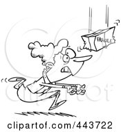 Poster, Art Print Of Cartoon Black And White Outline Design Of A Woman Catching A Fragile Package