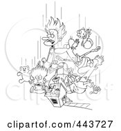 Royalty Free RF Clip Art Illustration Of A Cartoon Black And White Outline Design Of Family Members Dropping In