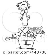 Royalty Free RF Clip Art Illustration Of A Cartoon Black And White Outline Design Of A Man Dripping Ketchup On His Shirt