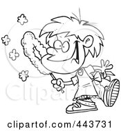 Royalty Free RF Clip Art Illustration Of A Cartoon Black And White Outline Design Of A Happy Boy Dusting