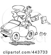 Poster, Art Print Of Cartoon Black And White Outline Design Of A Couple In A Car Dropping Packages