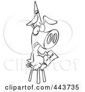 Cartoon Black And White Outline Design Of A Pig Wearing A Dunce Hat