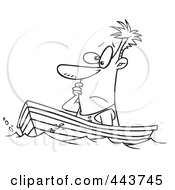 Cartoon Black And White Outline Design Of A Man Drifting In A Boat