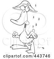 Royalty Free RF Clip Art Illustration Of A Cartoon Black And White Outline Design Of A Duck In The Rain