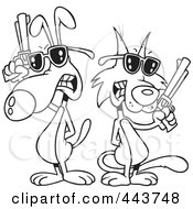 Royalty Free RF Clip Art Illustration Of A Cartoon Black And White Outline Design Of A Cat And Dog Duel by toonaday