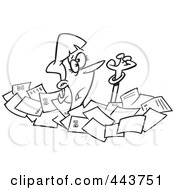Royalty Free RF Clip Art Illustration Of A Cartoon Black And White Outline Design Of A Businesswoman Drowning In Papers by toonaday