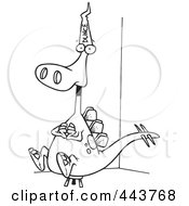 Cartoon Black And White Outline Design Of A Dinosaur Wearing A Dunce Hat