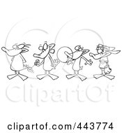 Royalty Free RF Clip Art Illustration Of A Cartoon Black And White Outline Design Of Ducks In A Row