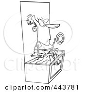 Royalty Free RF Clip Art Illustration Of A Cartoon Black And White Outline Design Of A Man Above A Dunk Tank