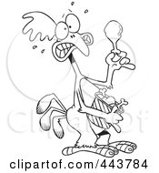 Poster, Art Print Of Cartoon Black And White Outline Design Of A Scared Chicken Holding A Drumstick